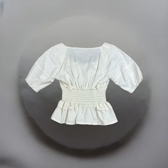 Allsaints Elektra Zip Front Top Women's Size 6 Puff Sleeve Smocked Waist White - Picture 2 of 8